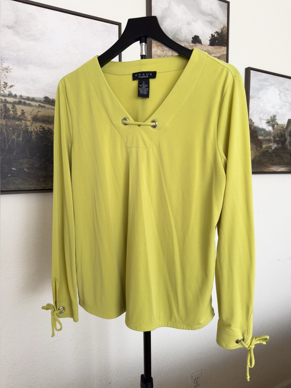 Grace Lime V-Neck Long Sleeve Top with Grommet Tie Details